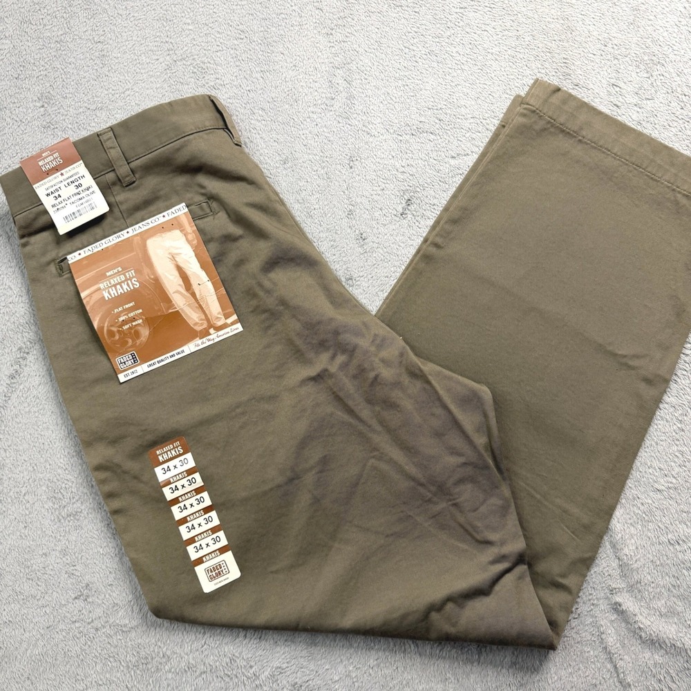 Faded Glory Mens Relaxed Fit Khakis Tacoma Olive Flat Front Cotton Pants 34x29